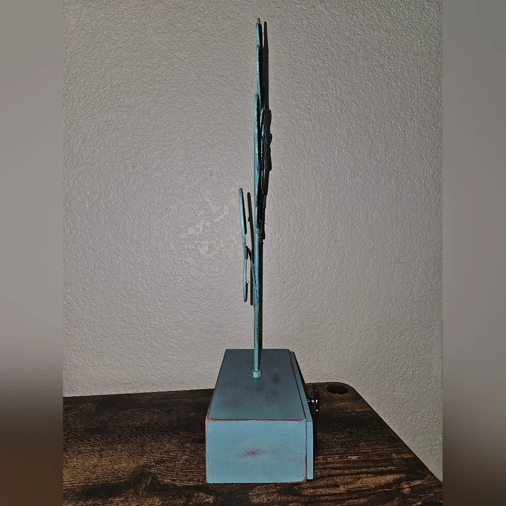 Blue Metal Flower Jewelry Holder on Wooden Stand with Drawer
